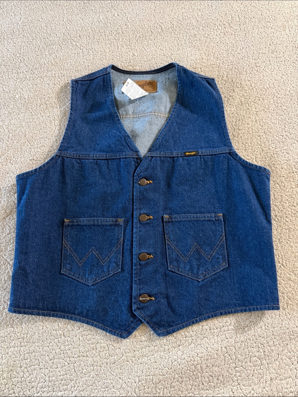 Wrangler Vintage Western Blue Denim Work Vest with Front Patch Pockets Large